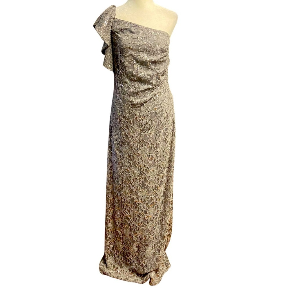 Adrianna Papell One-Shoulder Gold Lace Evening Gown